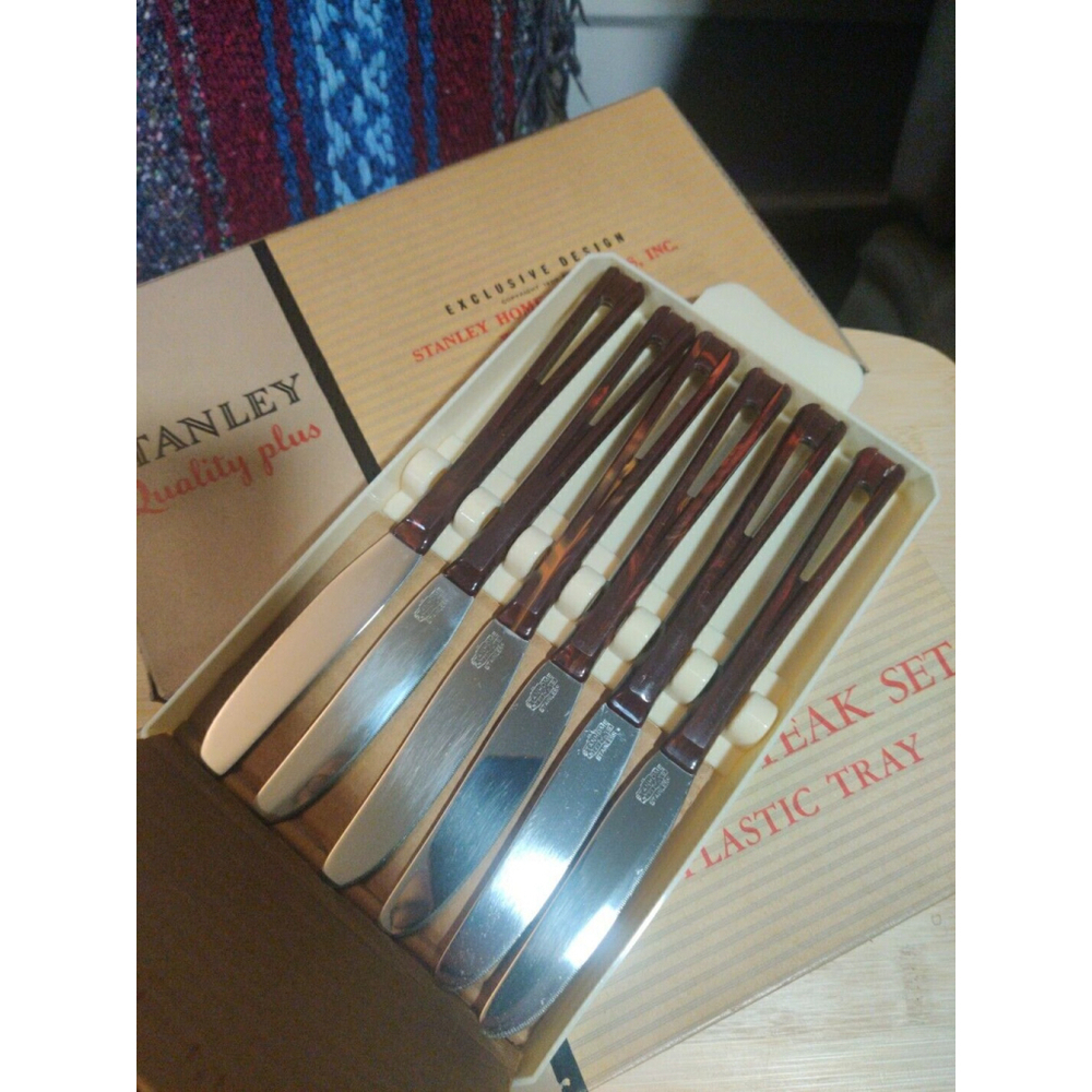 Stanley Stanhome Bakelite Stainless Brown Steak Set Knives Box VTG In Box 2 sets